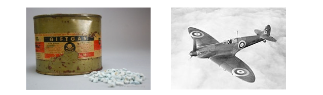 Photos of Zyklon B and an RAF Spitfire